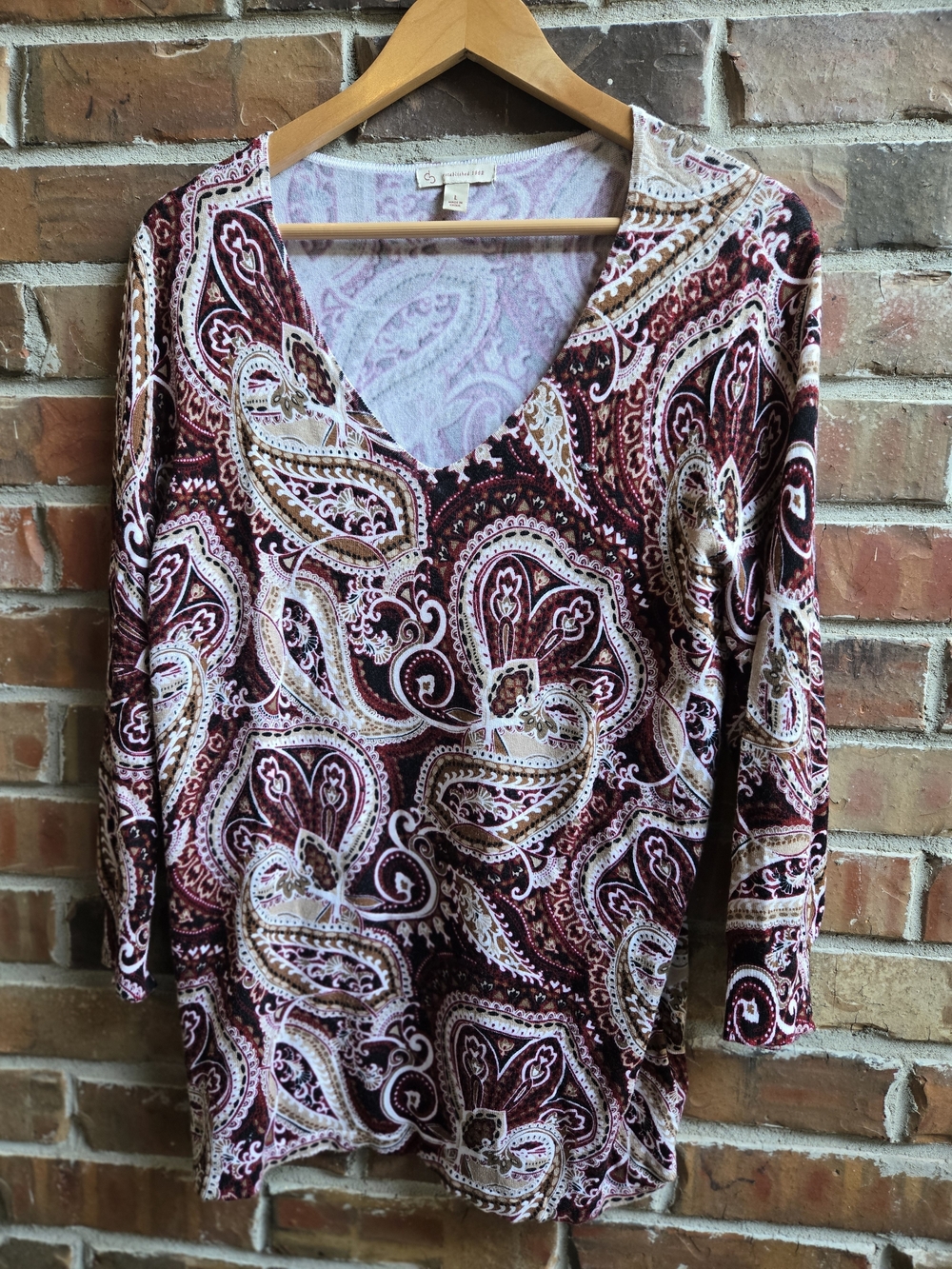 Paisley V-Neck Long Sleeve Top - Burgundy/Cream Comfy Soft Casual Layering